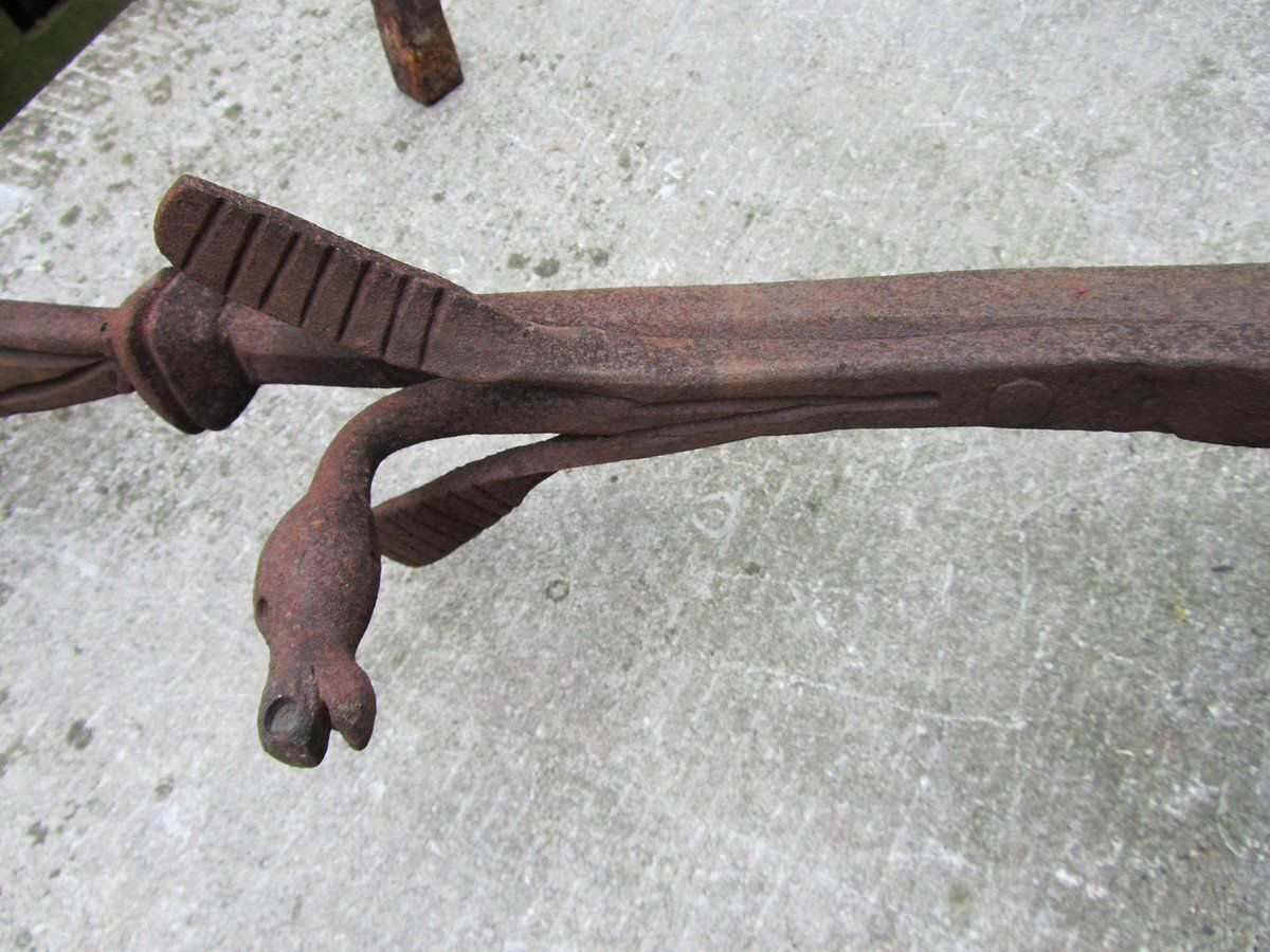 Home Fixtures Antique Hand Forged Iron Dragon Gothic Andirons, 1700s, Set Of 2 photo