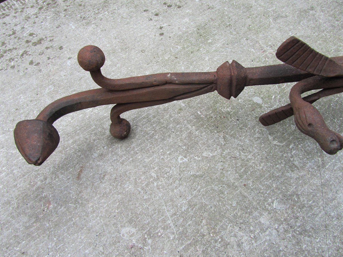 1076.0 Antique Hand Forged Iron Dragon Gothic Andirons, 1700s, Set Of 2 photo