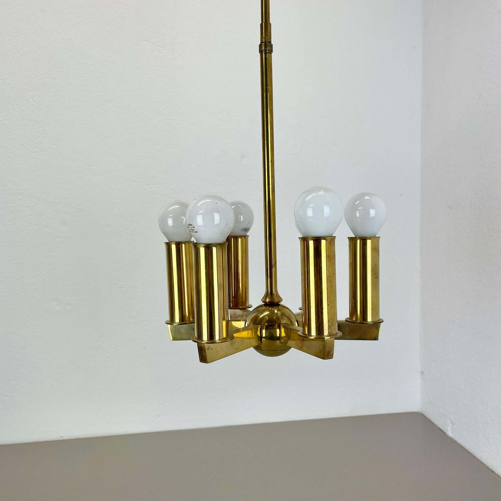 Unique Round Brass Gino Sarfatti Style Hanging Light Chandelier, Italy 1950s photo furniture