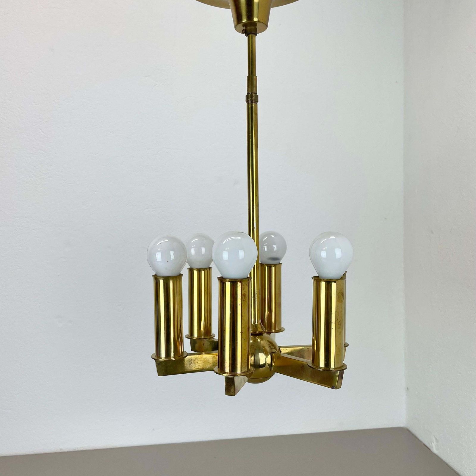 Unique Round Brass Gino Sarfatti Style Hanging Light Chandelier, Italy 1950s photo for sale