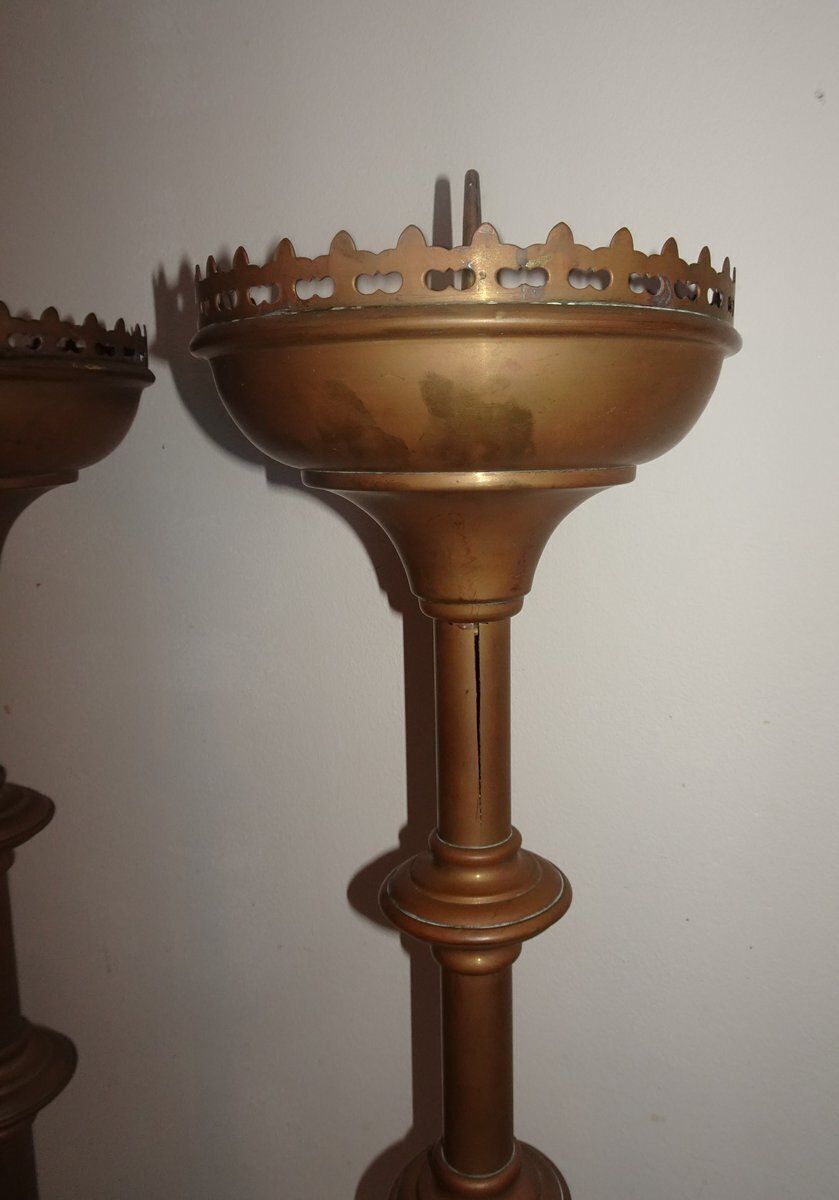 Home Decor Antique Brass Gothic Church Altar Candlesticks, 1890s, Set Of 2 photo