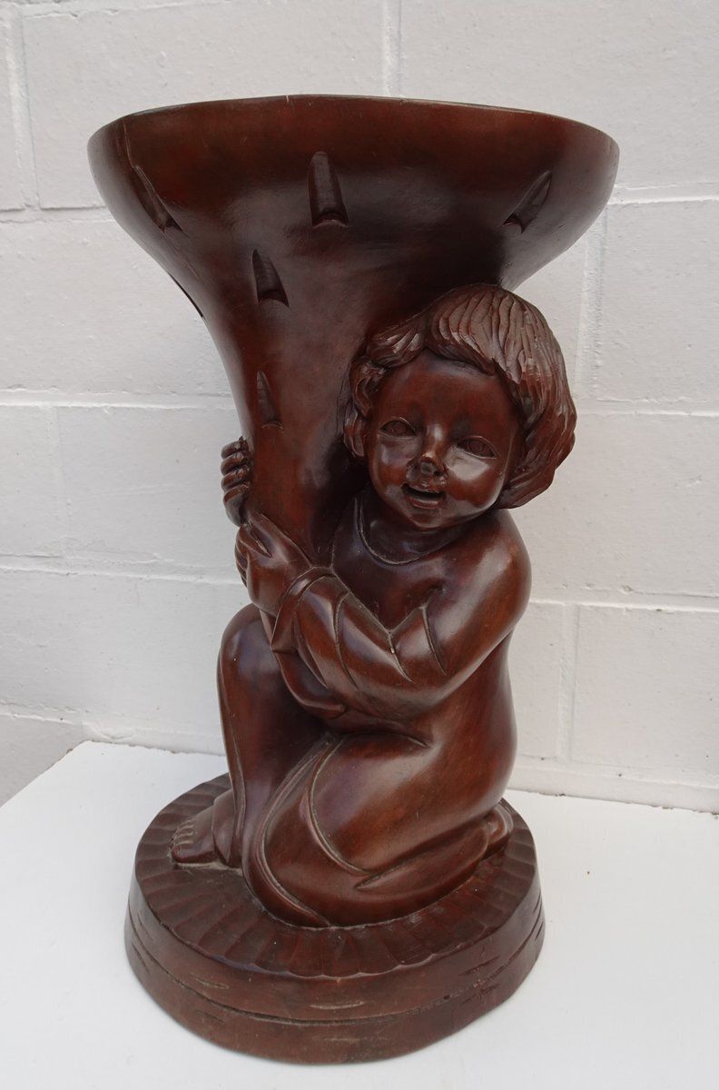 Carved Wooden Plant Stand In Teak, 1970s