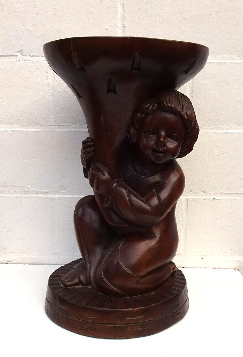 Carved Wooden Plant Stand In Teak, 1970s photo furniture