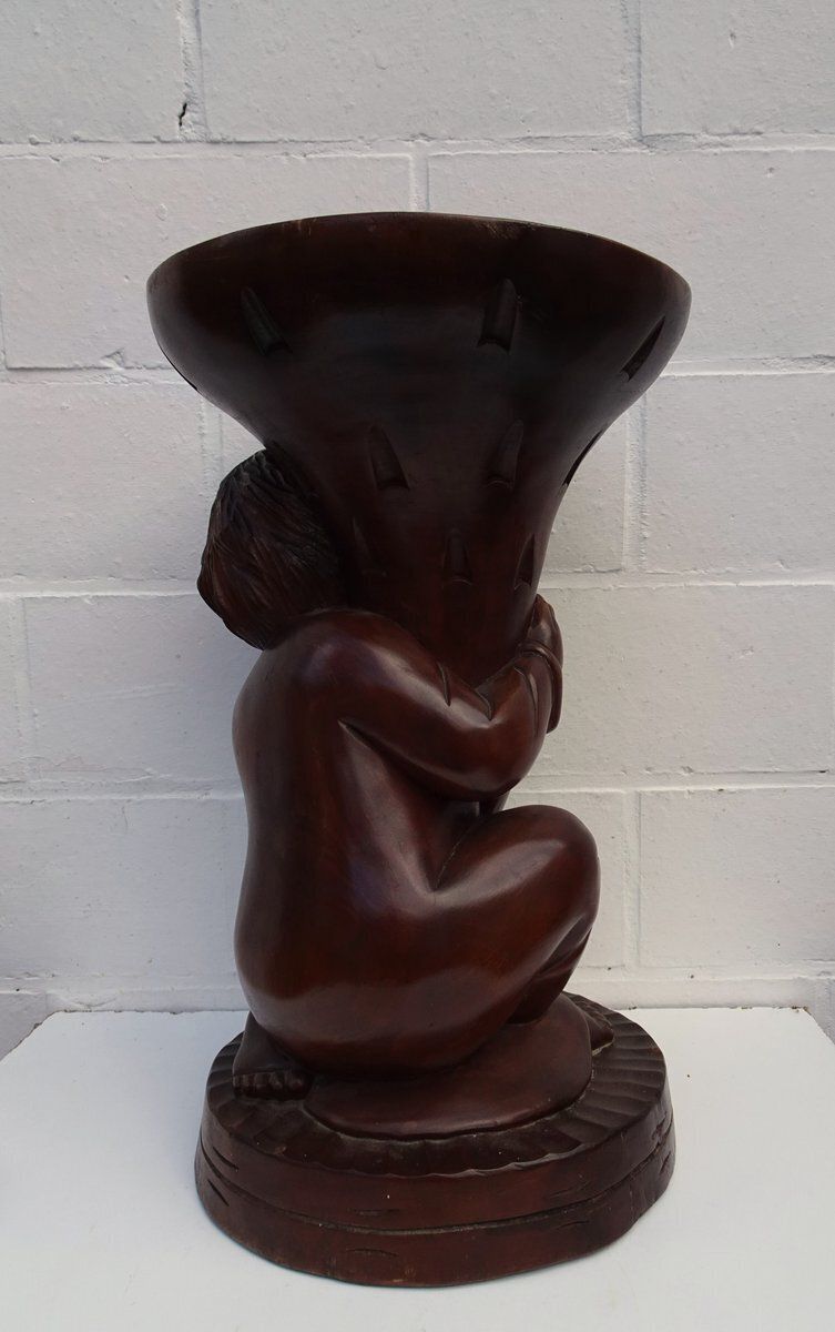 Carved Wooden Plant Stand In Teak, 1970s photo vintage