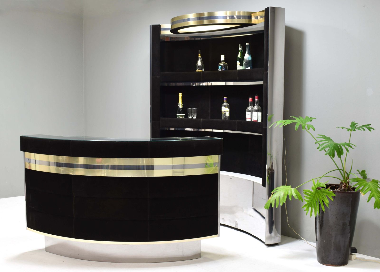 Hollywood Regency Bar In The Style Of Willy Rizzo Black Suede Brass Chrome 1970s photo 12999.0
