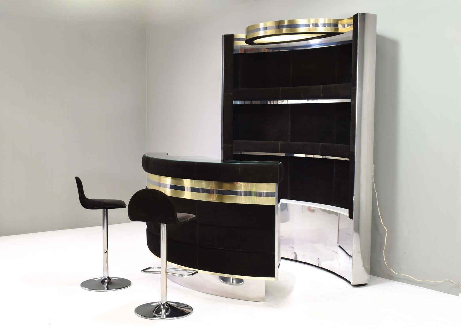 Hollywood Regency Bar In The Style Of Willy Rizzo Black Suede Brass Chrome 1970s photo vinterior