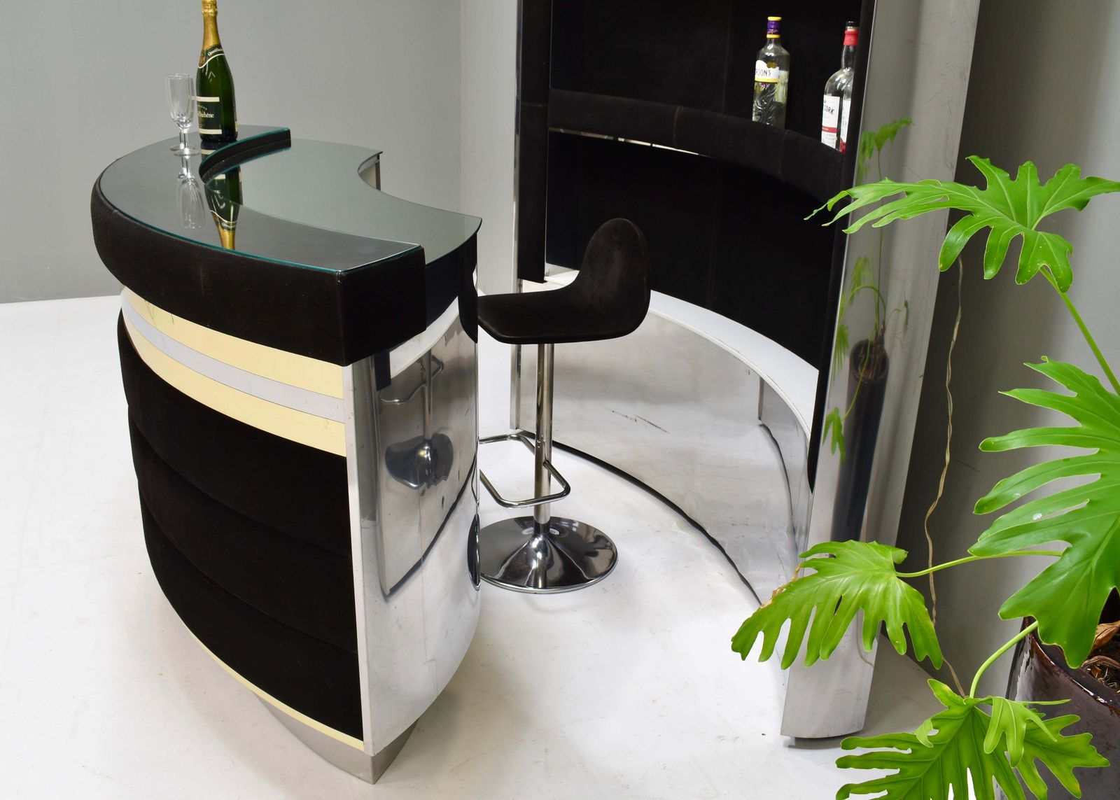 photo furniture Hollywood Regency Bar In The Style Of Willy Rizzo Black Suede Brass Chrome 1970s