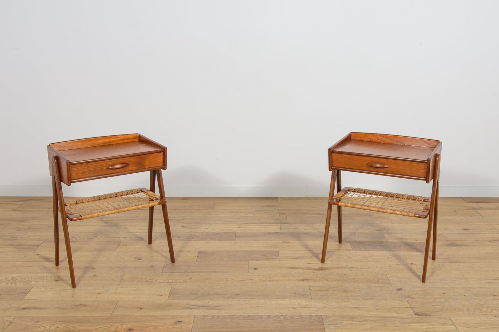 Mid Century Modern Teak And Rattan Nightstands By Søren Rasmussen, 1960s, Set Of 2
