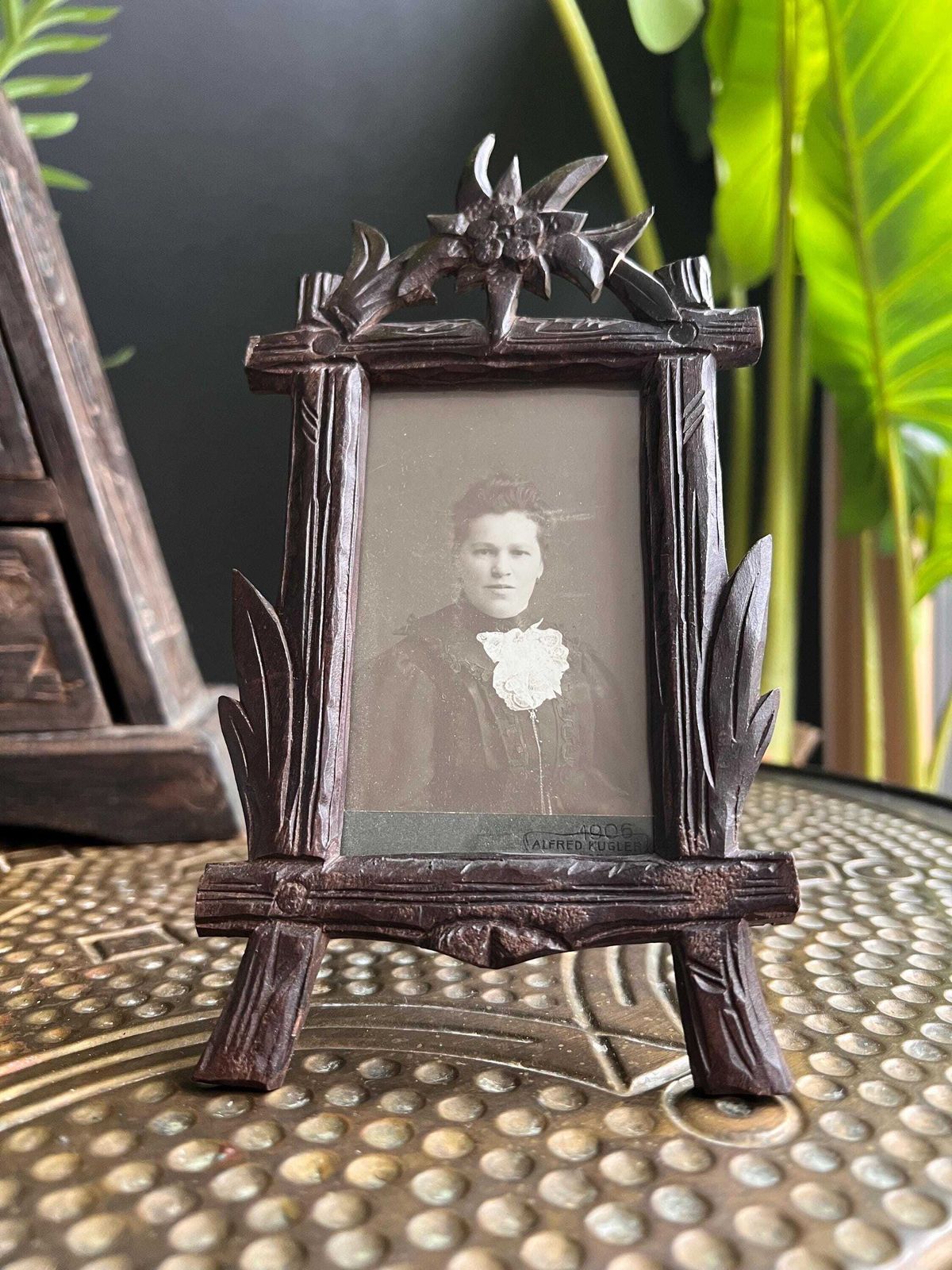 Tramp Art Picture Frame: Hand Carved Folk Art Wood, Swiss 1900s photo furniture