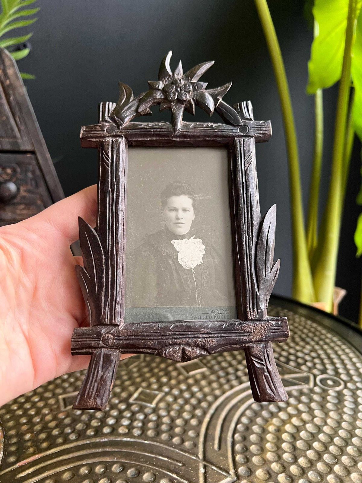 Tramp Art Picture Frame: Hand Carved Folk Art Wood, Swiss 1900s photo buy