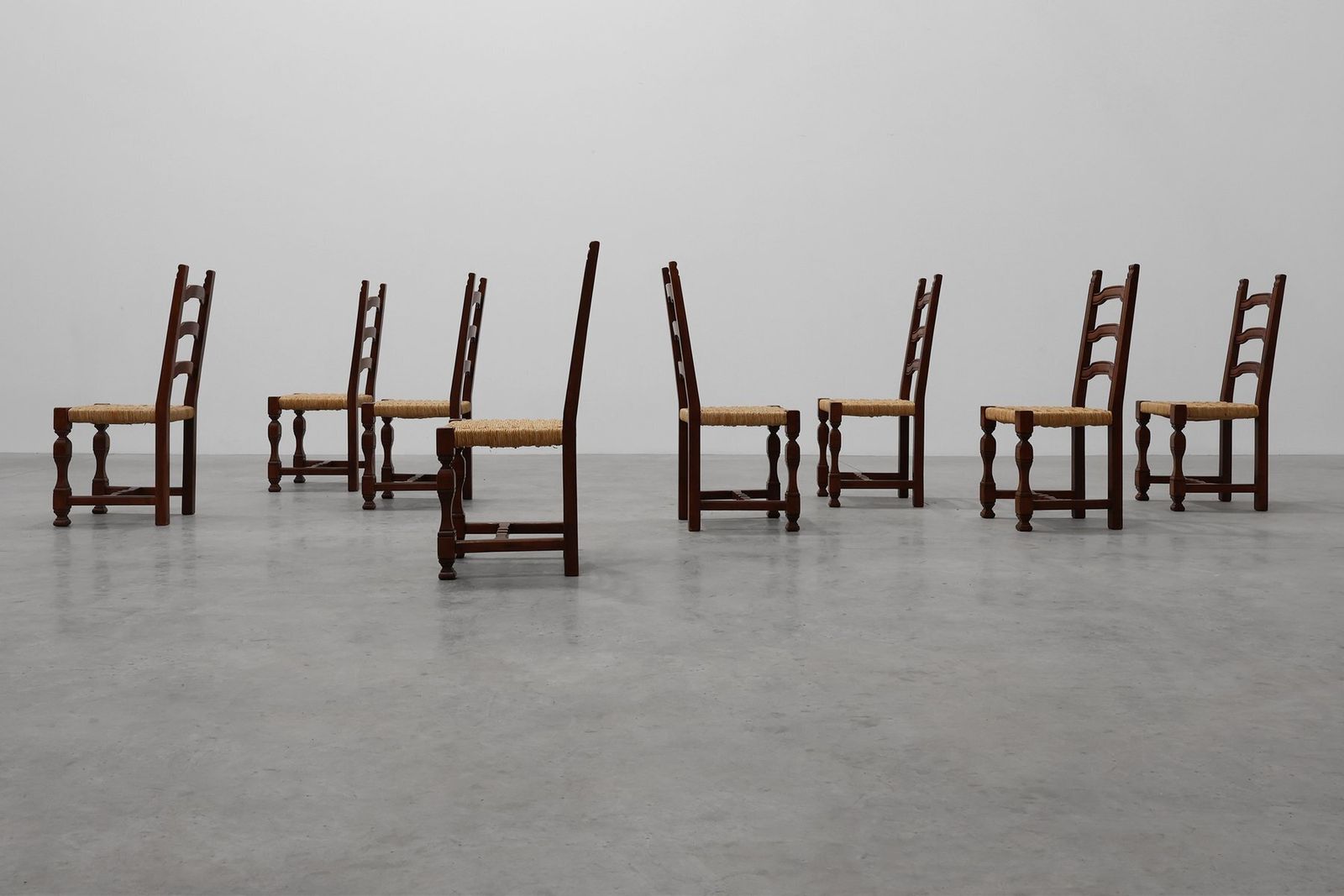 Mid Century Brutalist Chairs In Wood And Wicker, Belgium, 1970s, Set Of 8 photo Furniture