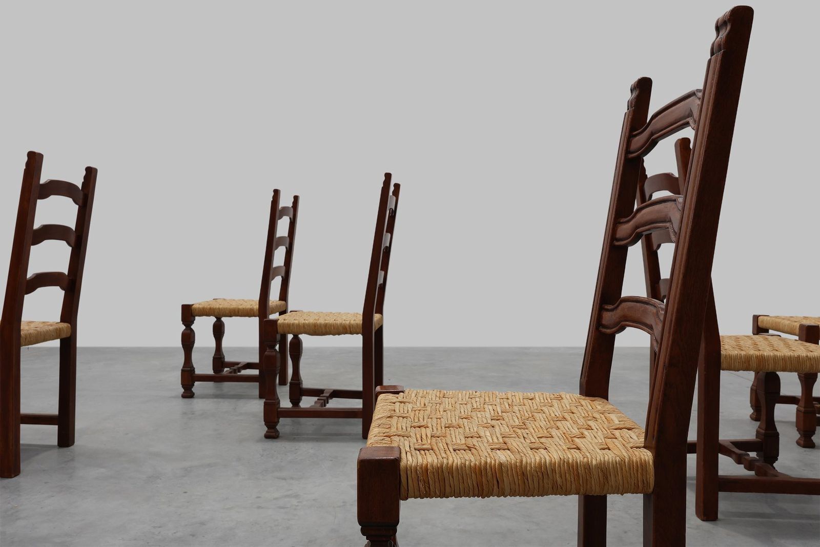 Mid Century Brutalist Chairs In Wood And Wicker, Belgium, 1970s, Set Of 8 photo vinterior