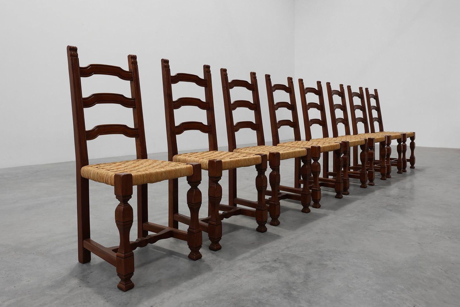 Mid Century Brutalist Chairs In Wood And Wicker, Belgium, 1970s, Set Of 8 photo vintage