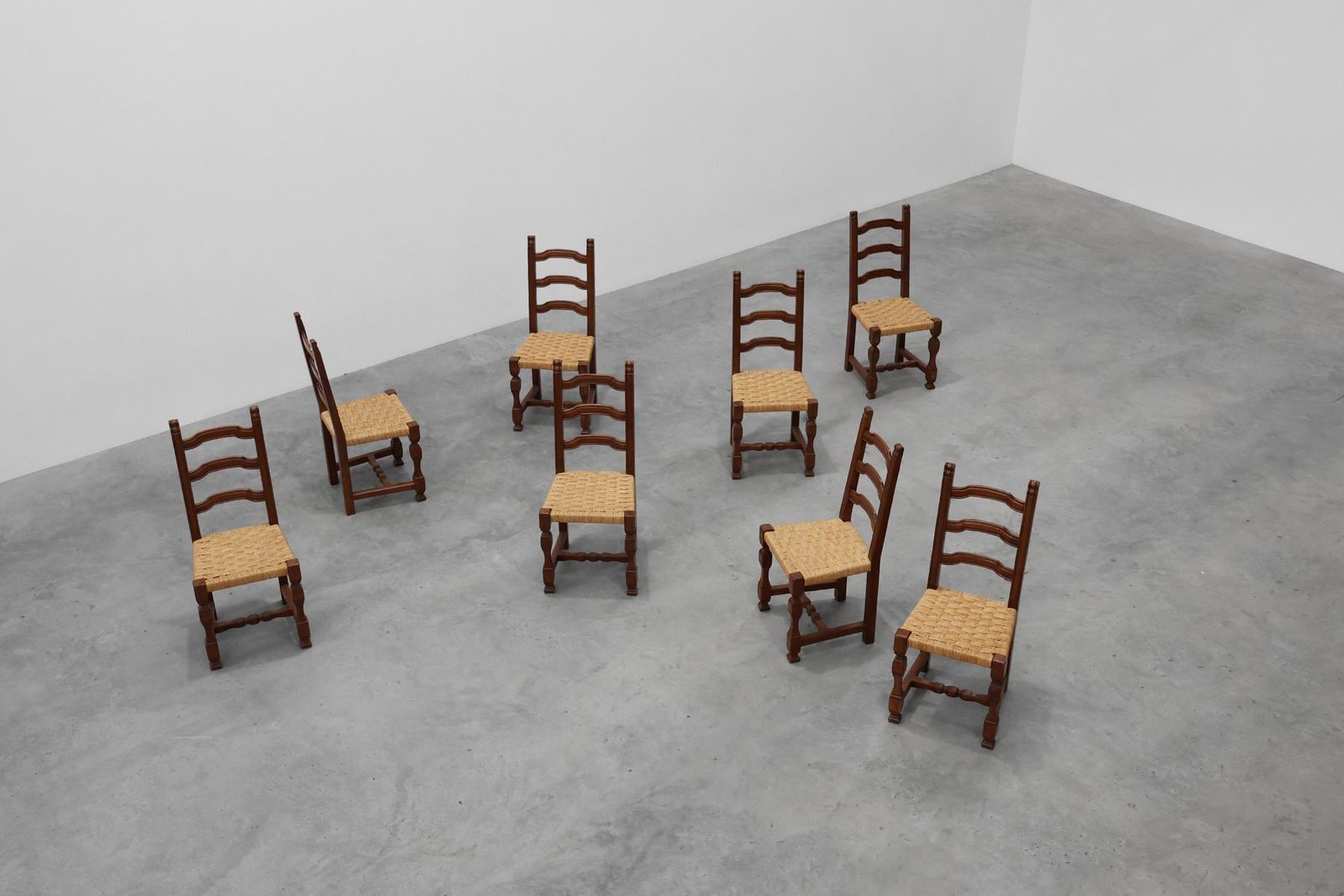 Furniture Mid Century Brutalist Chairs In Wood And Wicker, Belgium, 1970s, Set Of 8 photo