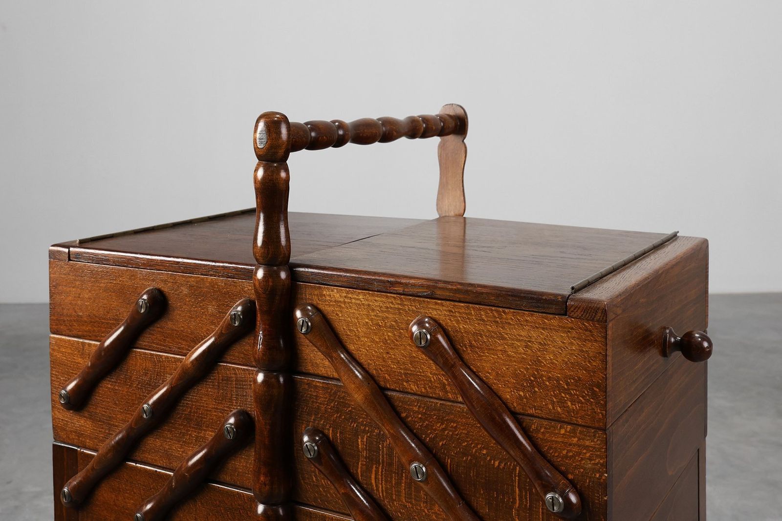 French Wooden Sewing Box With Cantilever Design, 1920s photo furniture