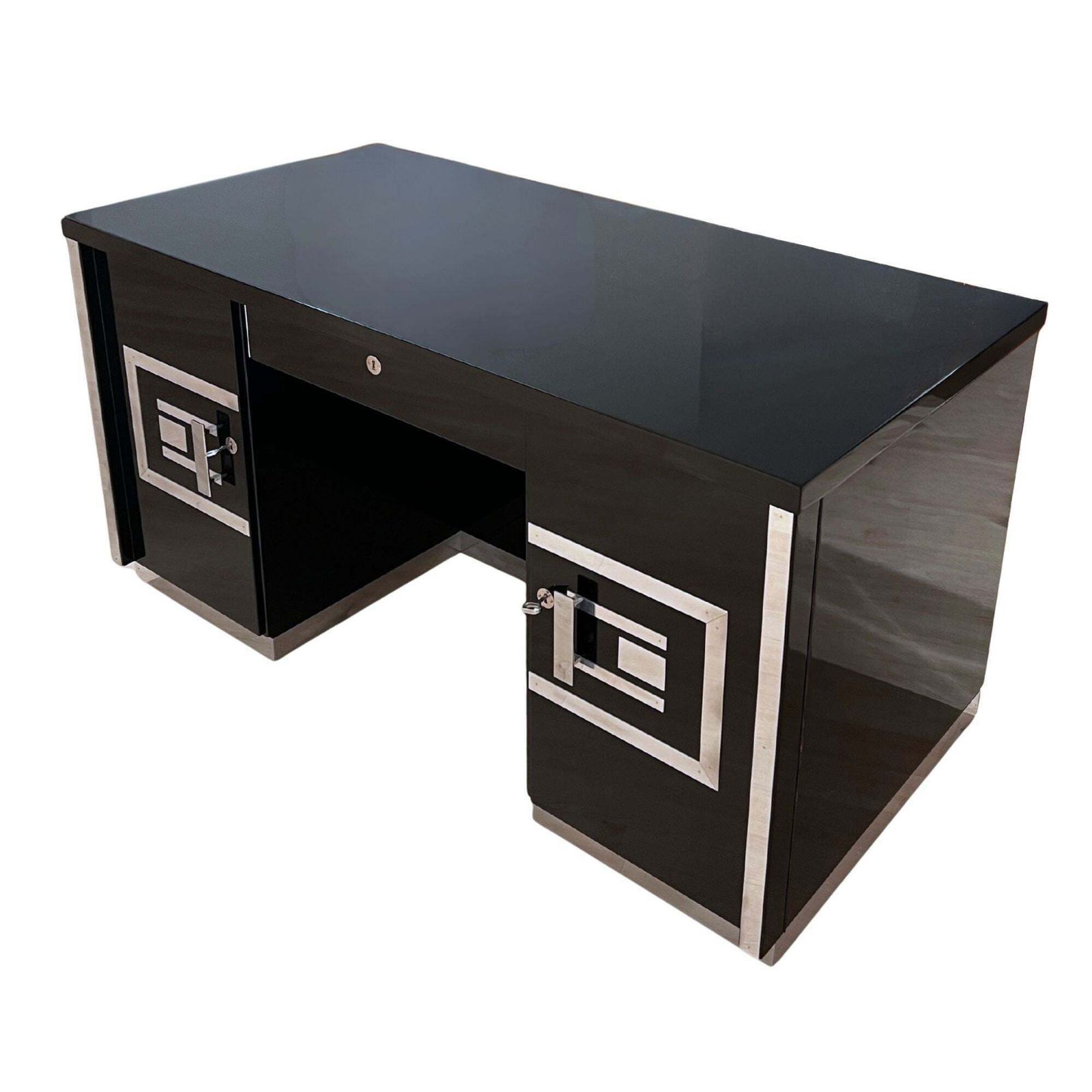 Art Deco Desk, Black Lacquer, Walnut, Metal, France, Circa 1930/40