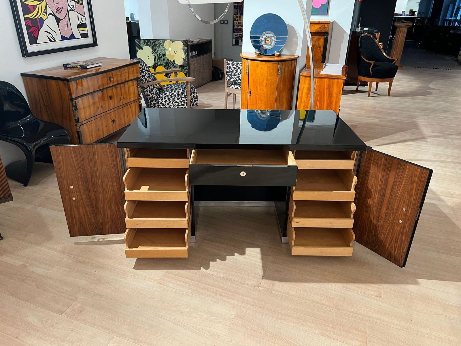 Art Deco Desk, Black Lacquer, Walnut, Metal, France, Circa 1930/40 photo for sale