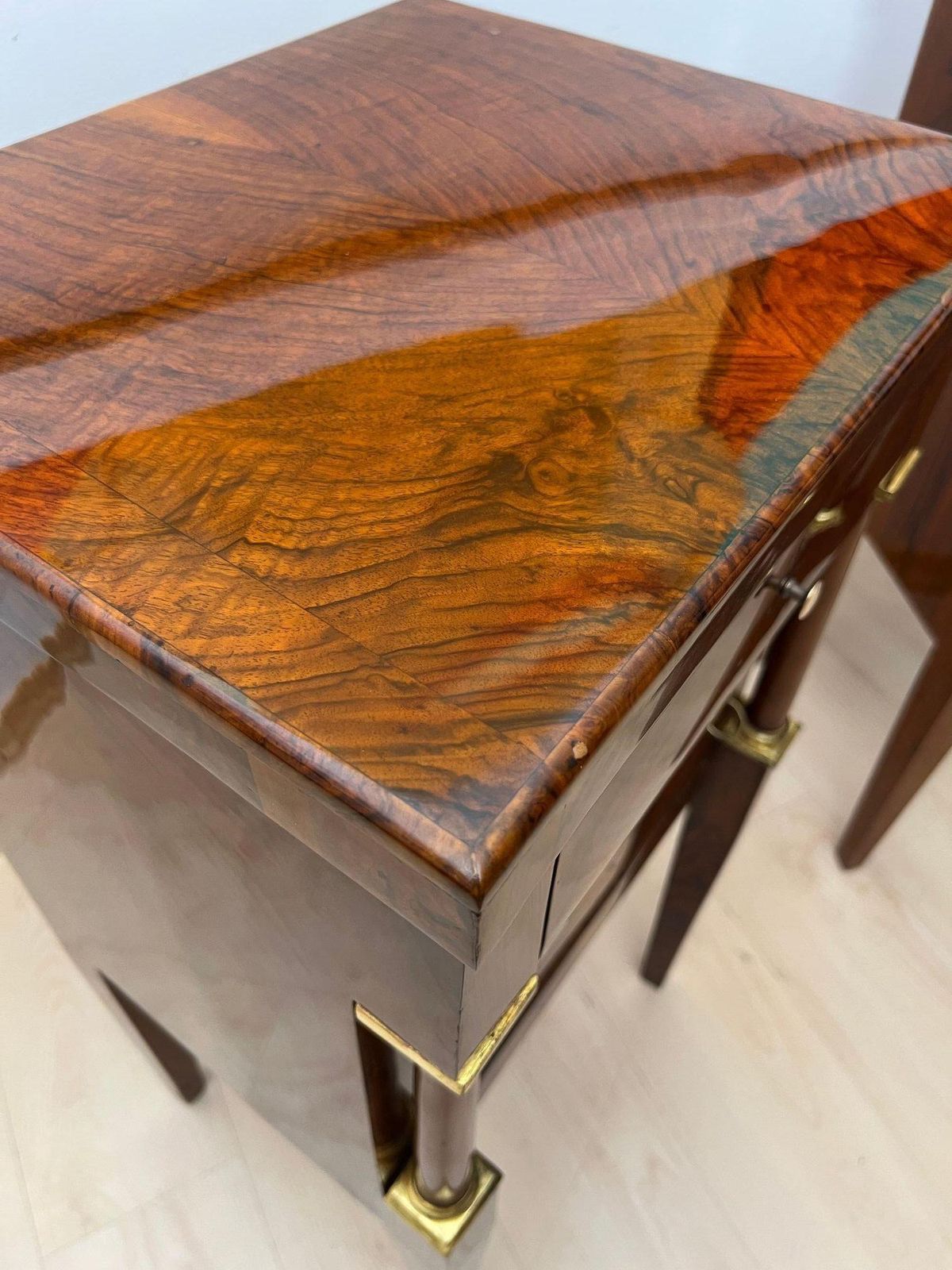 Furniture Empire Nightstands, Walnut, Full Columns, Gold Leaf, Brass, Italy, Circa 1810 photo