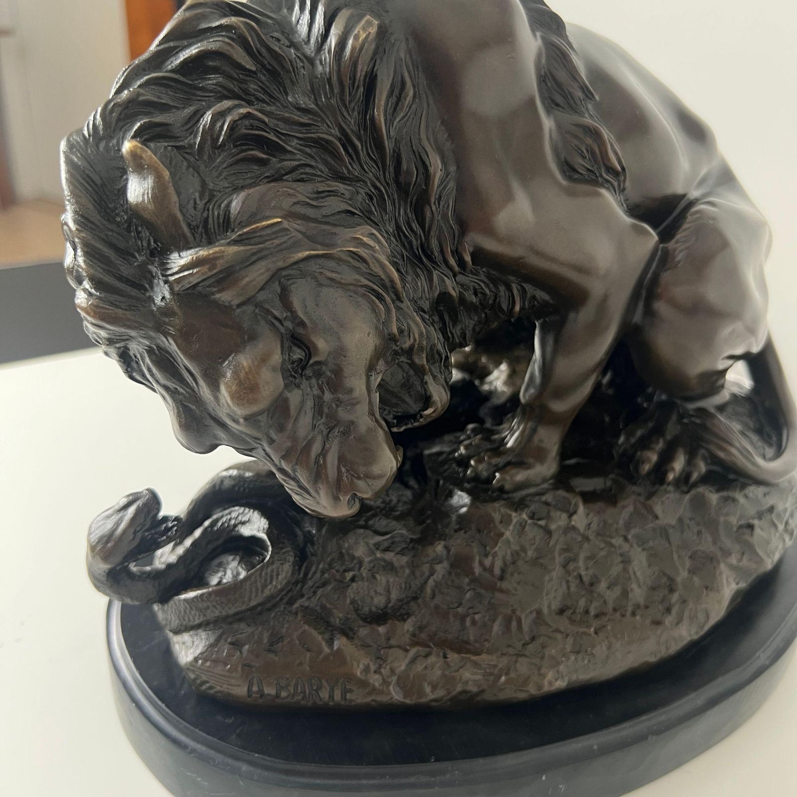 Bronze Sculpture, Lion With Snake, After A. Barye, France, 20th Century. photo furniture