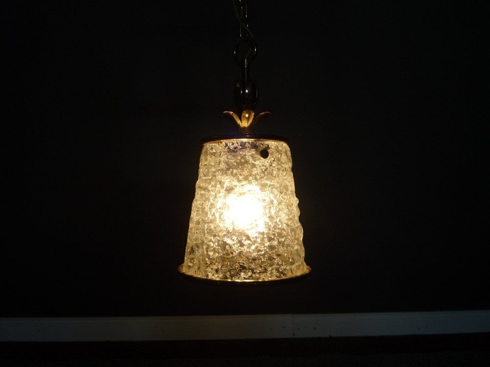 Vintage Pendant Lamp In Ice Glass And Brass, 1960s photo Lighting