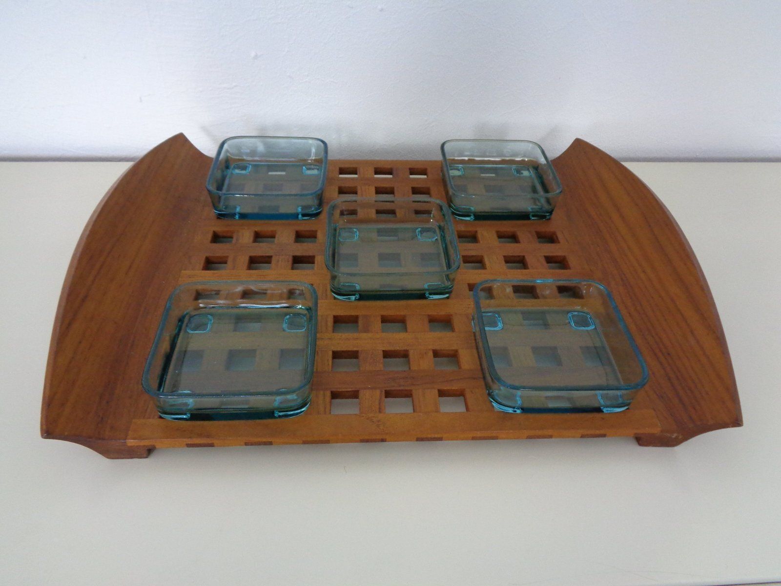 Teak Tray With Glass Bowls By Jens Quistgaard For Ihq Dansk Designs, 1960s, Set Of 6 photo furniture