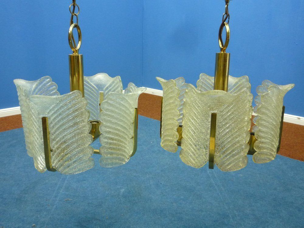 Decorative Regency Murano Glass & Brass Ceiling Lamps, 1960s, Set Of 2