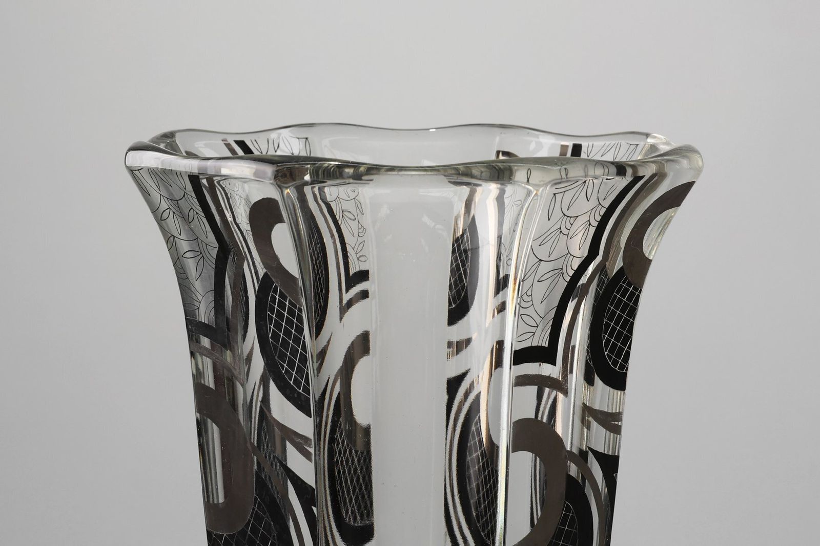 Art Deco Glass Vase With Black Graphic Decoration, France, 1940s photo for sale