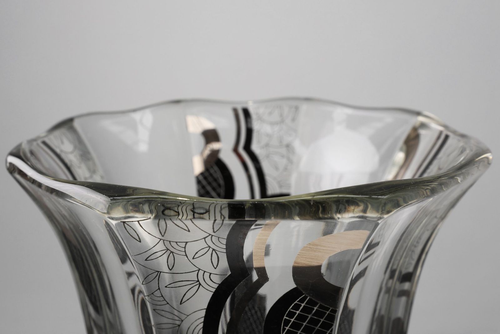 Art Deco Glass Vase With Black Graphic Decoration, France, 1940s photo buy