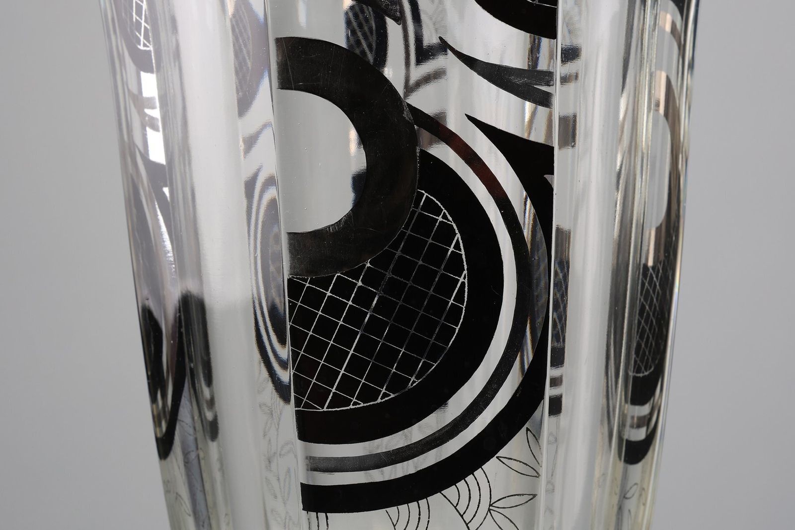 Home Decor Art Deco Glass Vase With Black Graphic Decoration, France, 1940s photo