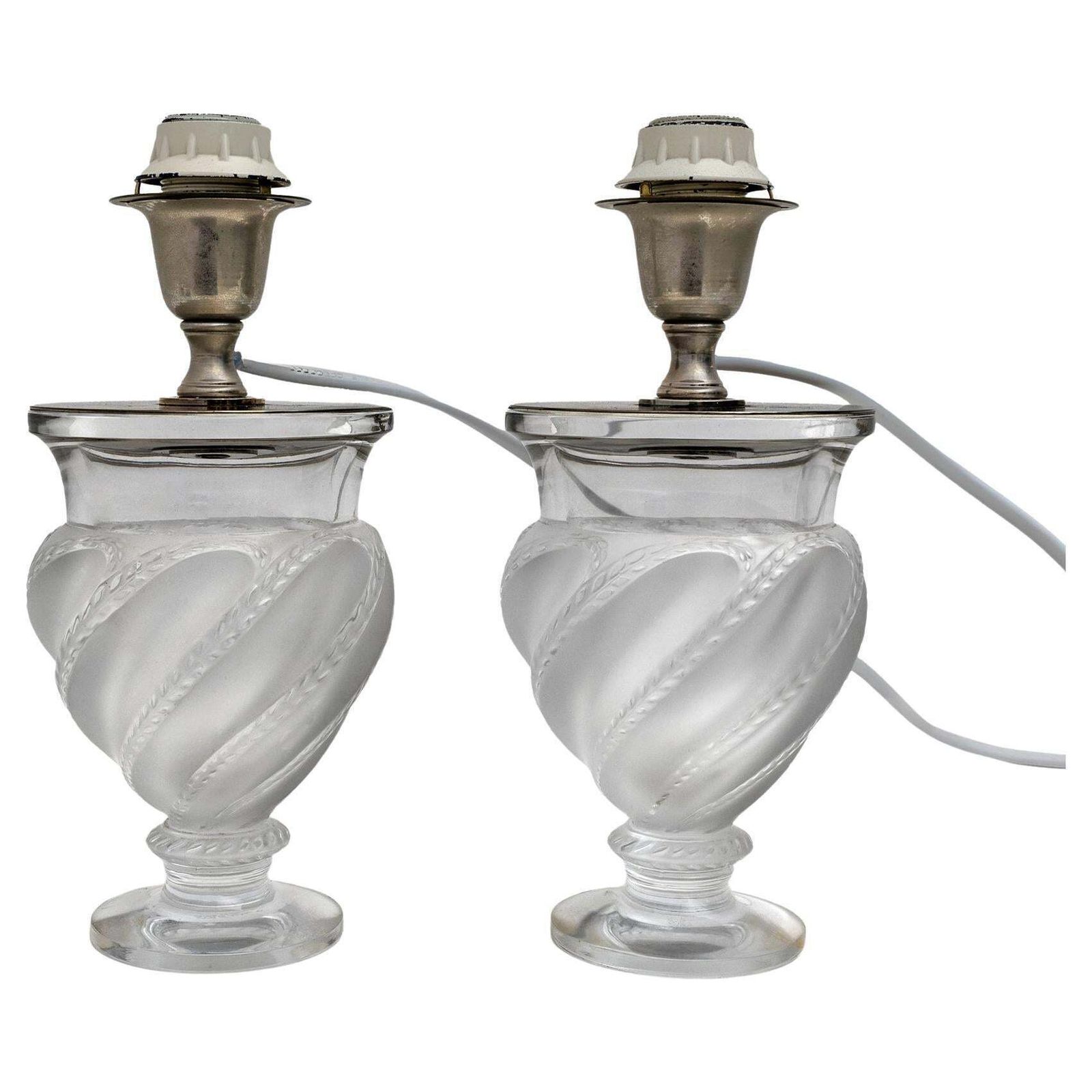 Pair Of Lamps   "Ermenonville" Signed Lalique   Crystal, Vintage 1960s