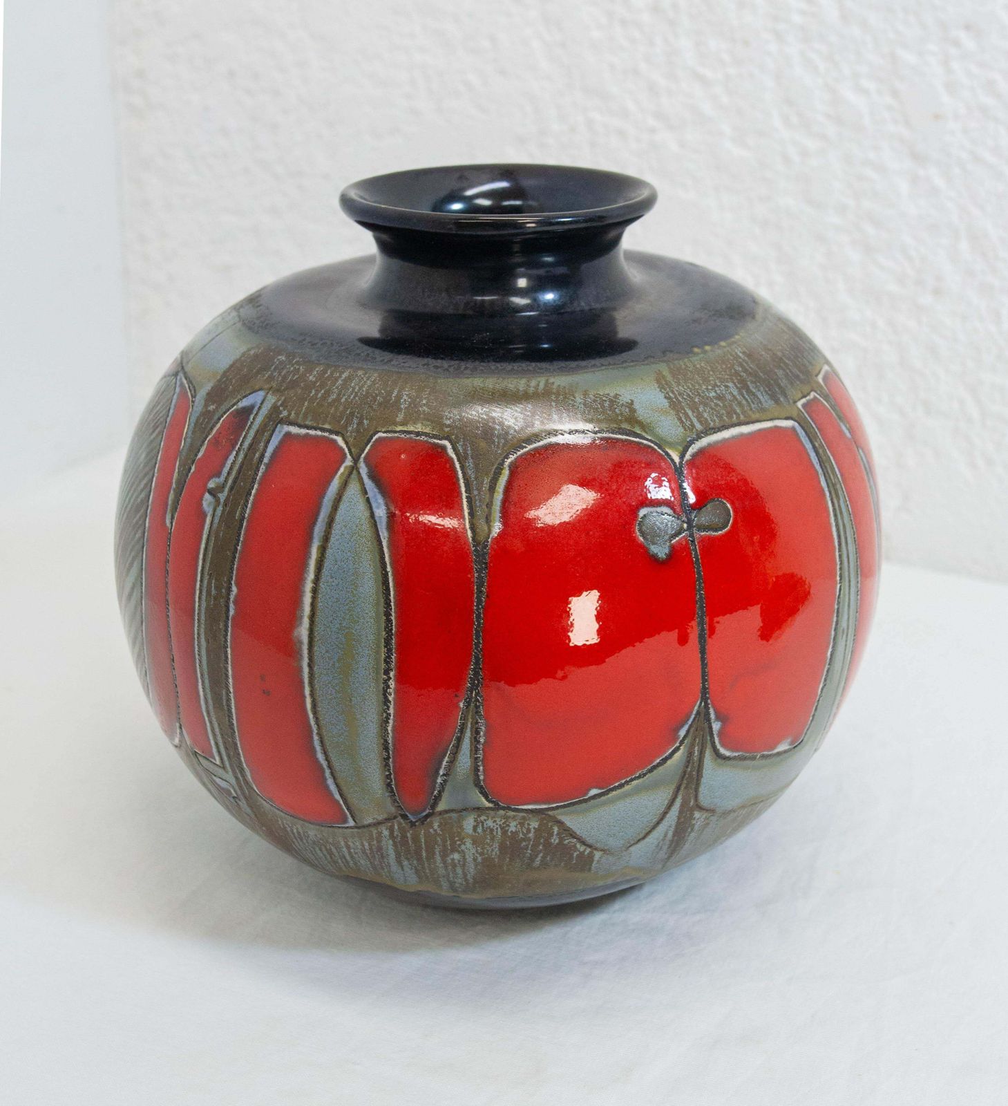 German Grey Red & Dark Blue Ceramic Vase Leaves Motifs Midcentury photo for sale