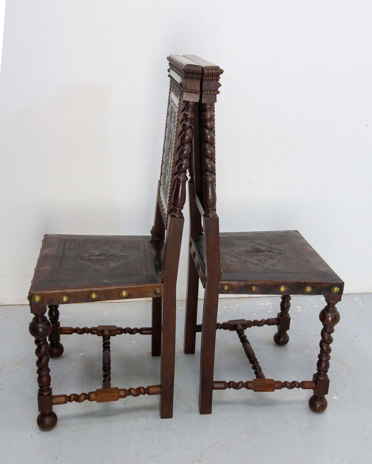 Pair Of Middle East Chairs Oak & Leather With Studs 1920 photo buy