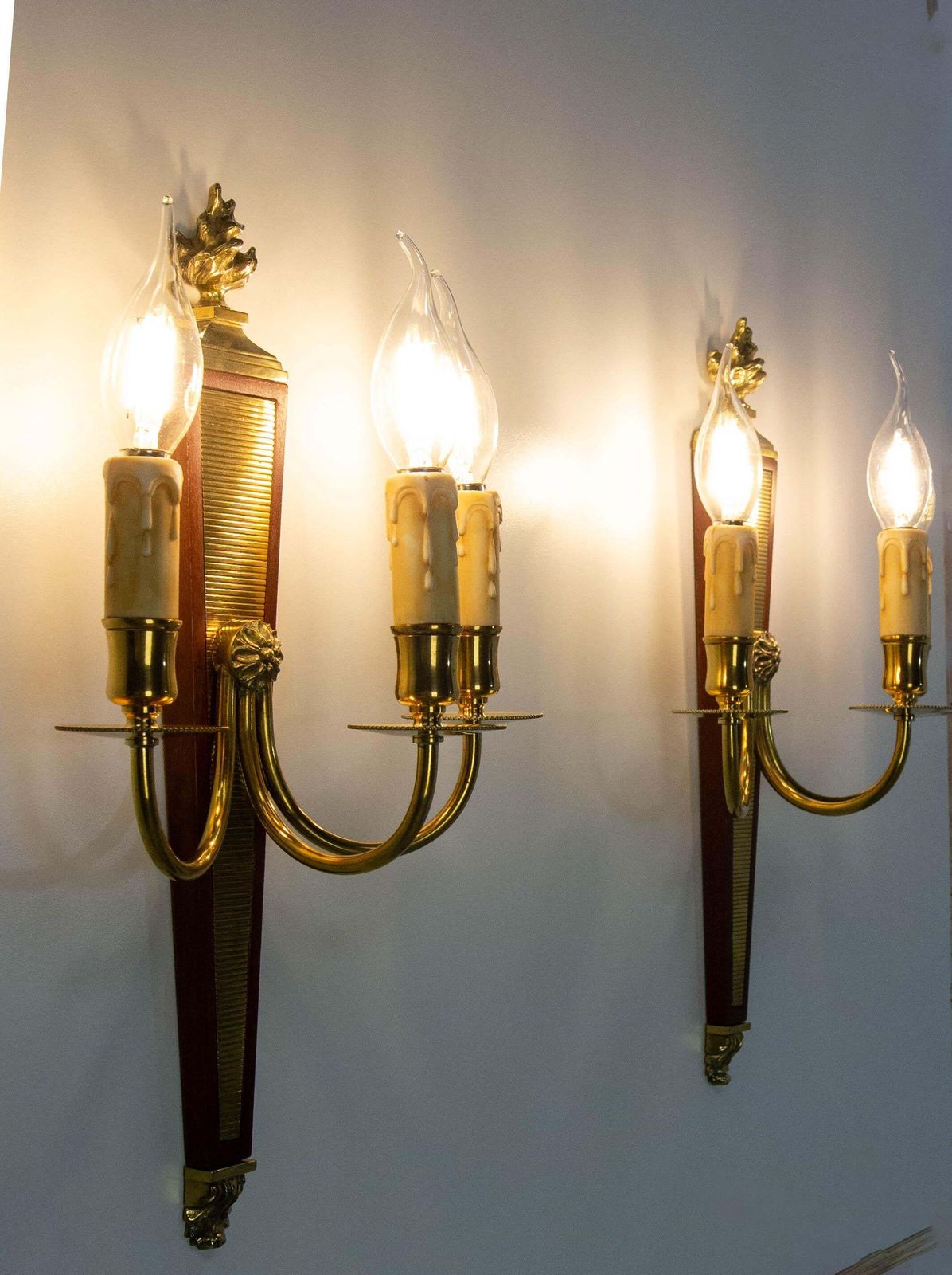 Pair Of Triple Sconces Brass And Iroko, Louis XVI Style Circa 1960 photo vinterior