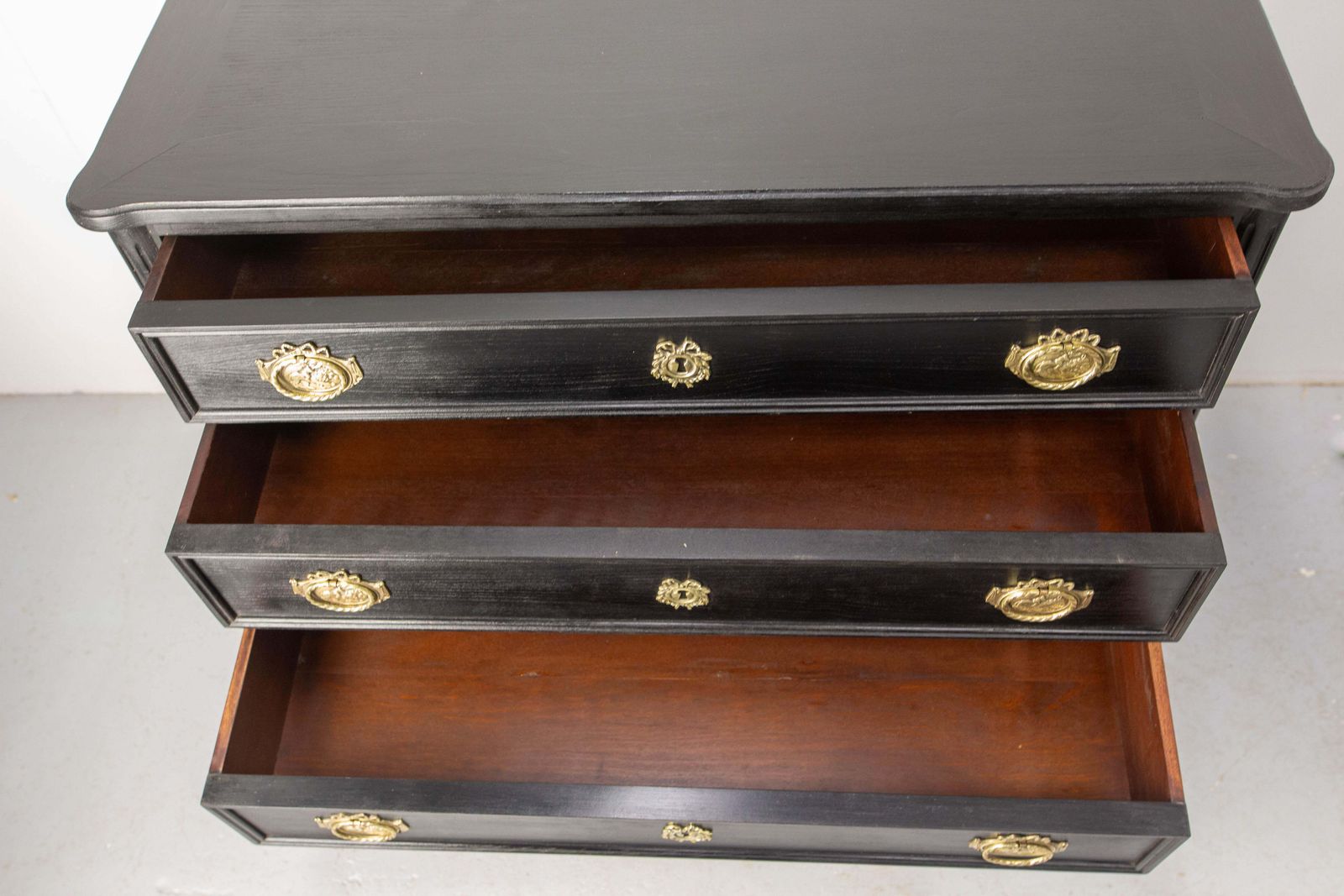 photo for sale French Louis XVI Style Black Wood Commode Chest Of Drawers Circa 1980