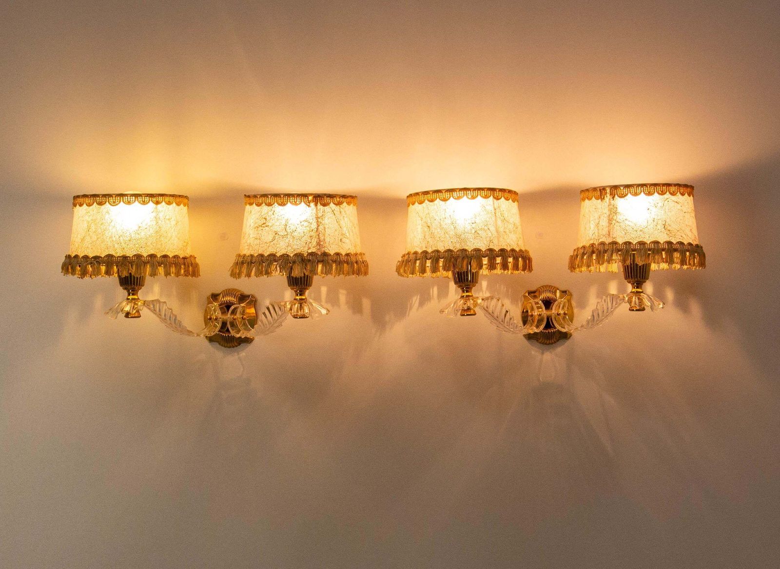 Pair Of Double Sconces Brass And Resin With Lampshades, Louis XV Style C 1960 photo for sale