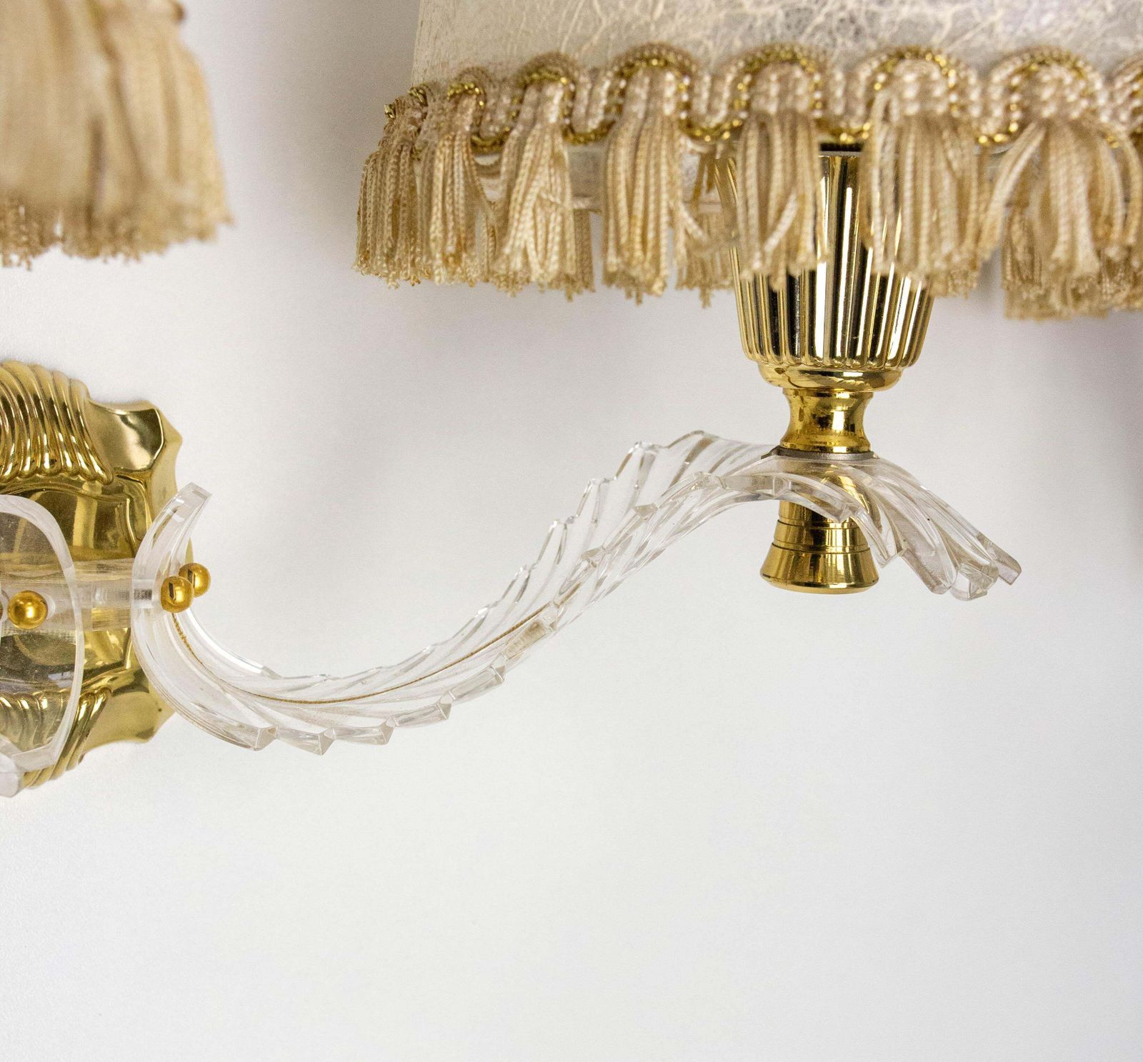 Pair Of Double Sconces Brass And Resin With Lampshades, Louis XV Style C 1960 photo vinterior