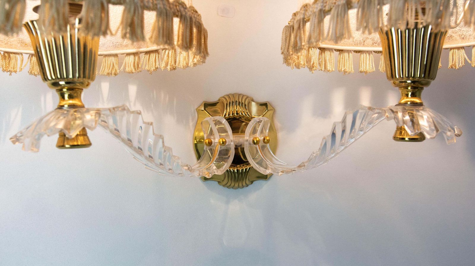 photo furniture Pair Of Double Sconces Brass And Resin With Lampshades, Louis XV Style C 1960