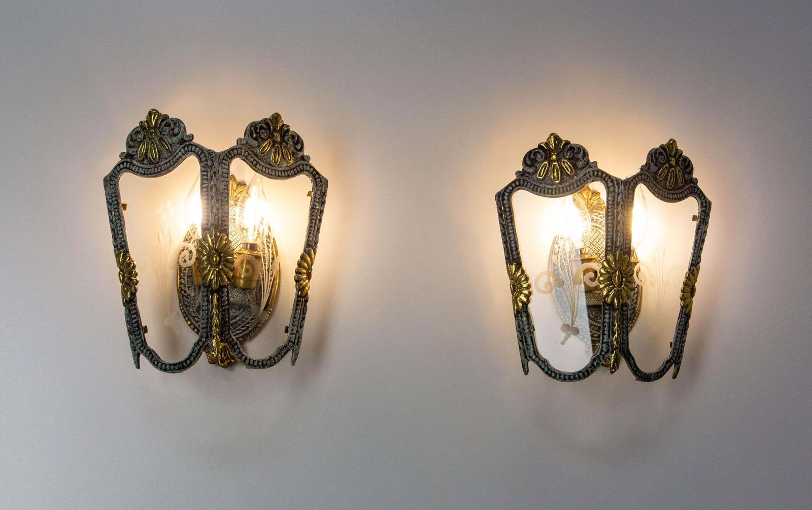 Pair Double Sconces Brass, Bronze Patina Hand Engraved Glass Louis XV St C 1960 photo furniture