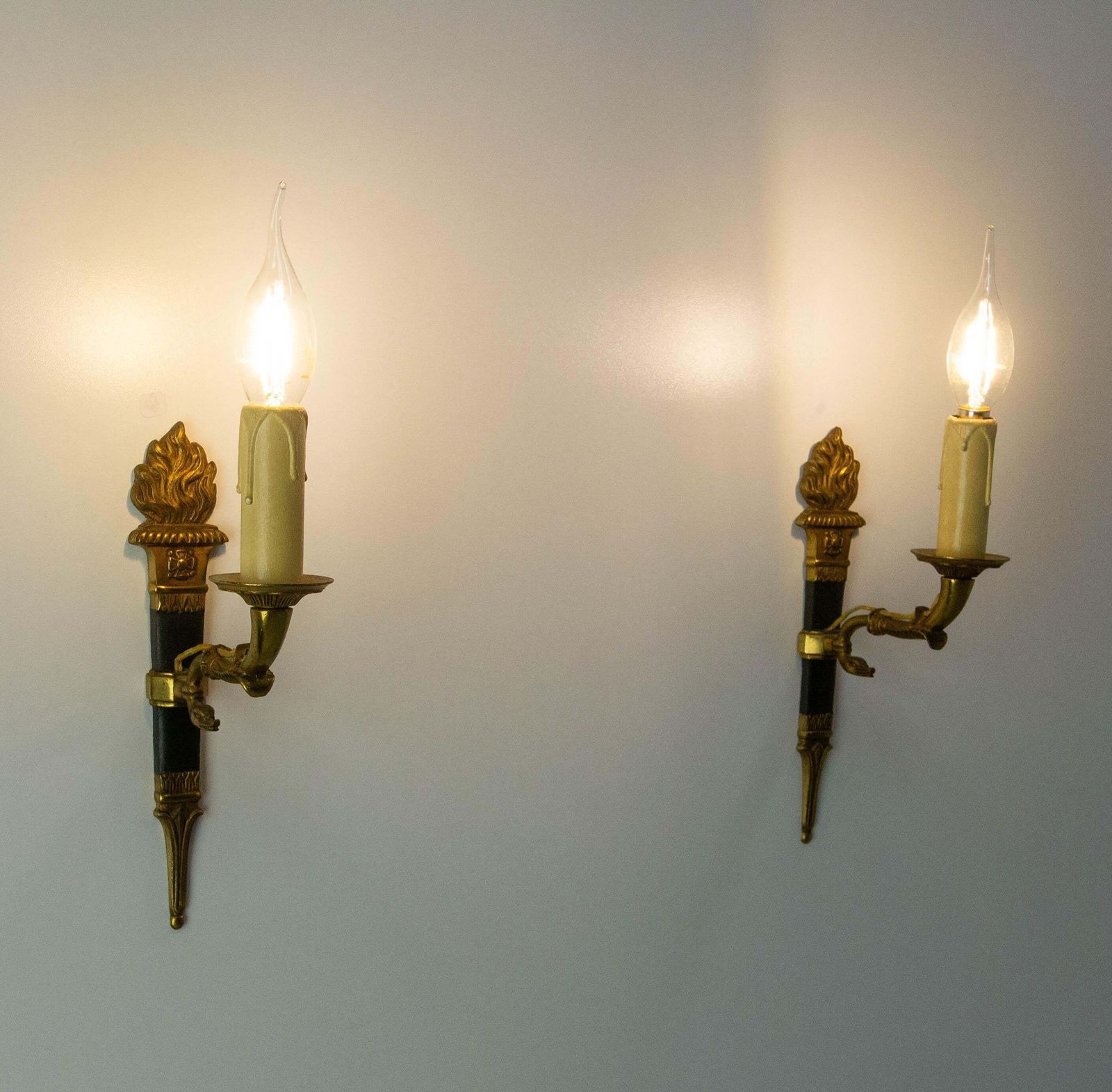 Pair Of Sconces Empire Style Deep Green With Torch And Swan Circa 1960 France photo furniture