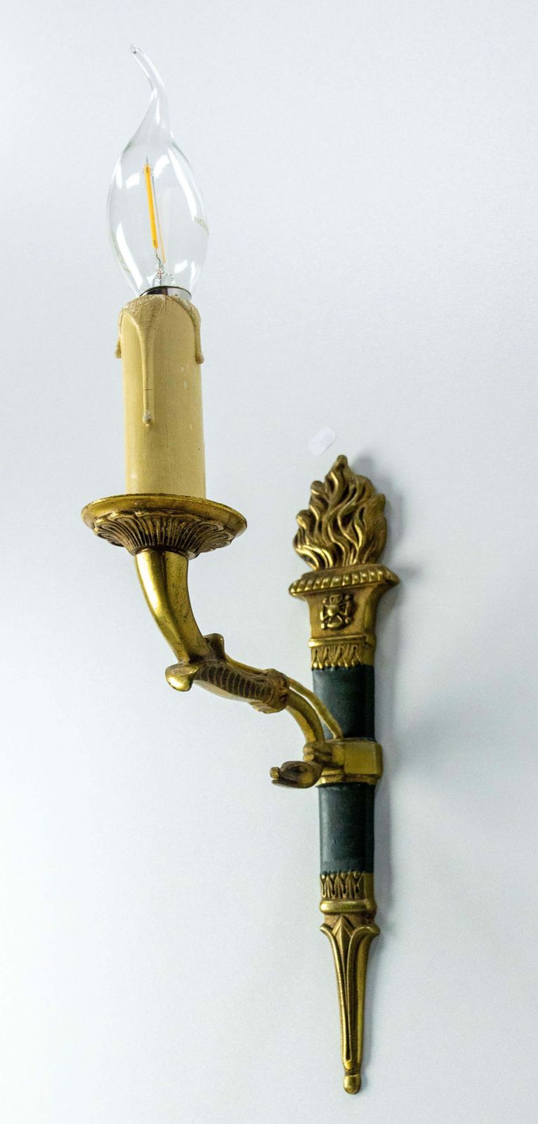 Pair Of Sconces Empire Style Deep Green With Torch And Swan Circa 1960 France photo vinterior