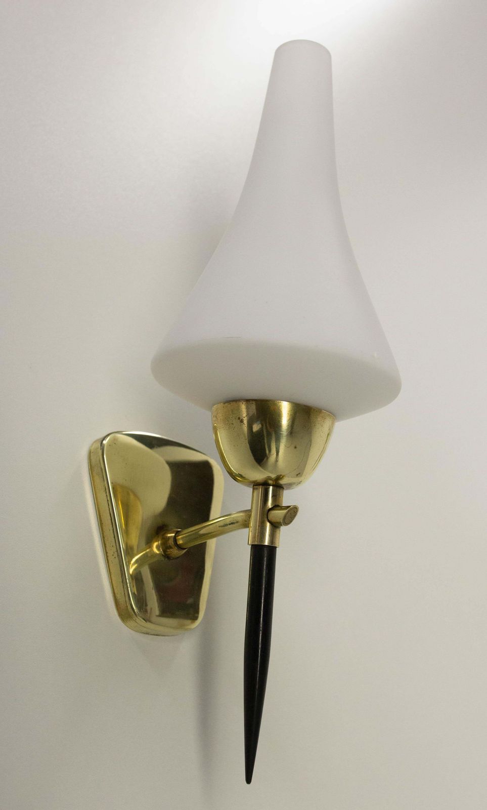 photo for sale Pair Of Sconces White Glass Black & Golden Chrome, Circa 1950, Arlus France
