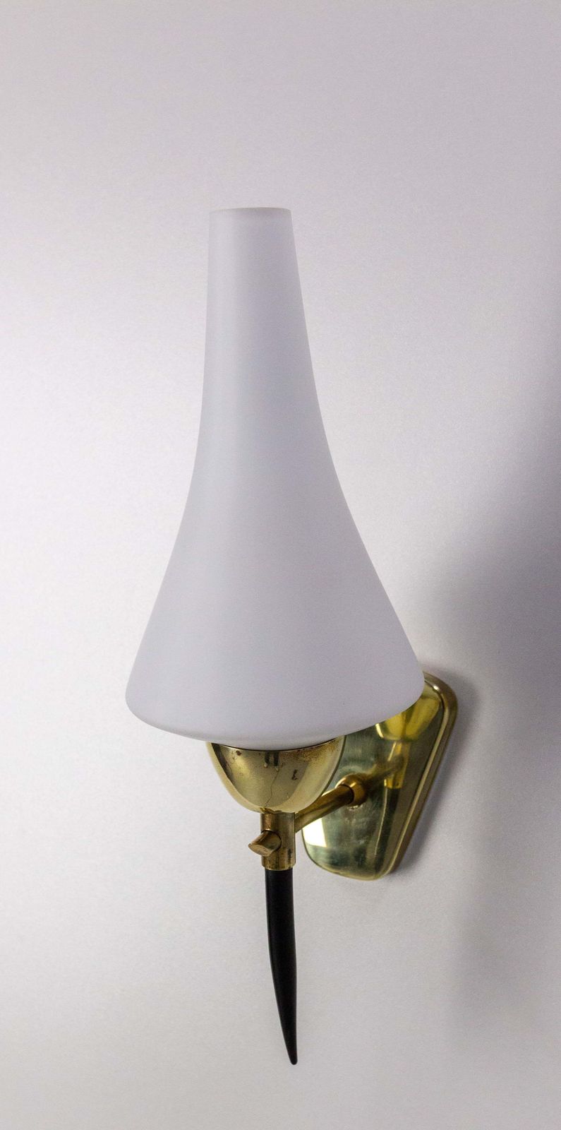 Lighting Pair Of Sconces White Glass Black & Golden Chrome, Circa 1950, Arlus France photo