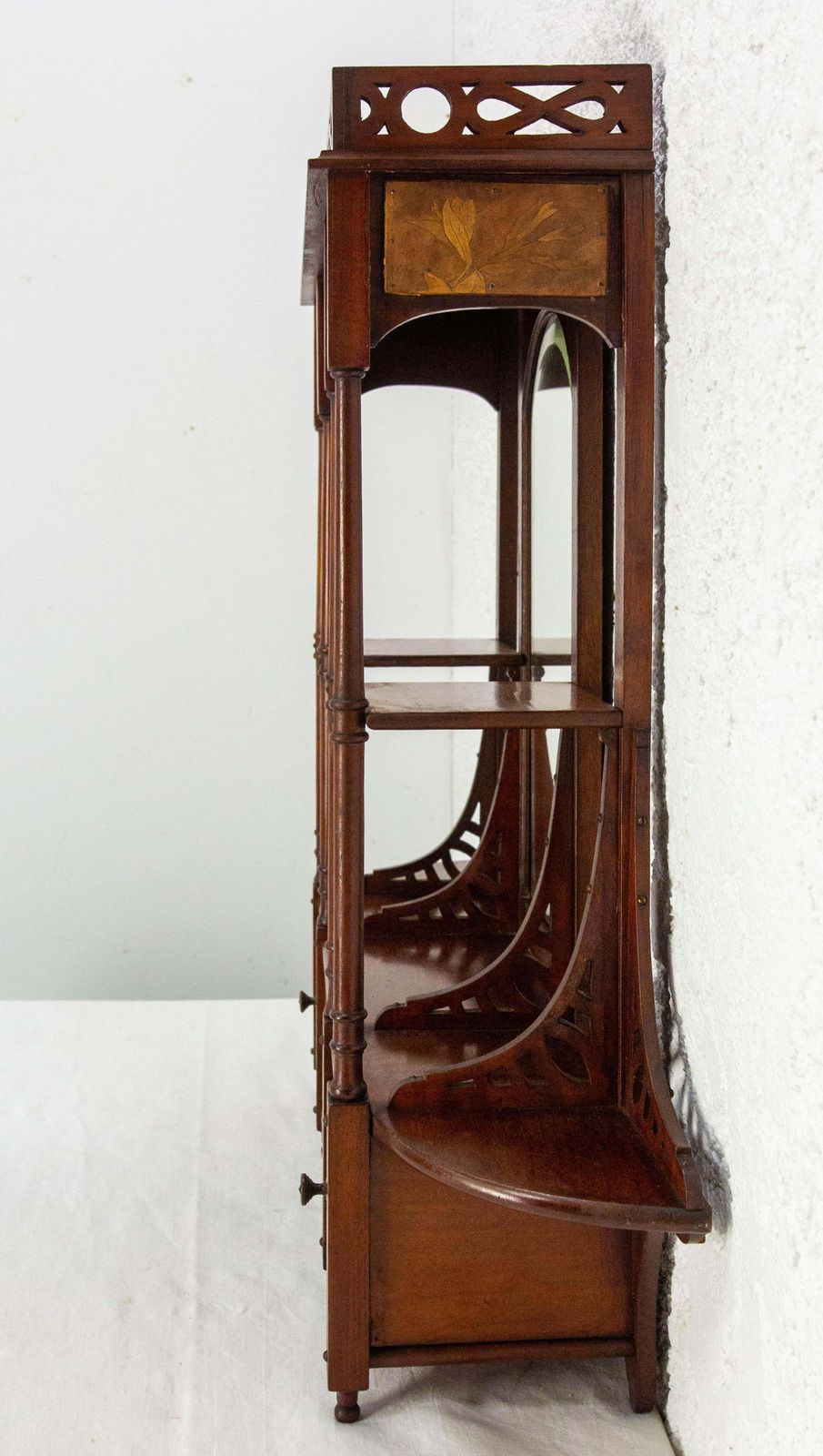Wall Iroko Wood Shelves Beveled Mirror & Marquetry Art Nouveau Late 19th Century photo 1202.0