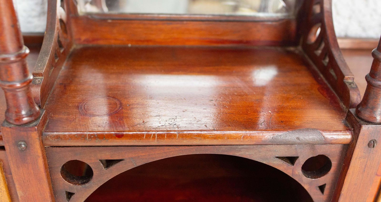 photo for sale Wall Iroko Wood Shelves Beveled Mirror & Marquetry Art Nouveau Late 19th Century
