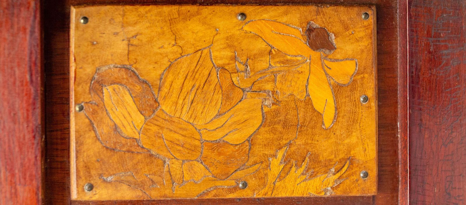 photo vintage Wall Iroko Wood Shelves Beveled Mirror & Marquetry Art Nouveau Late 19th Century
