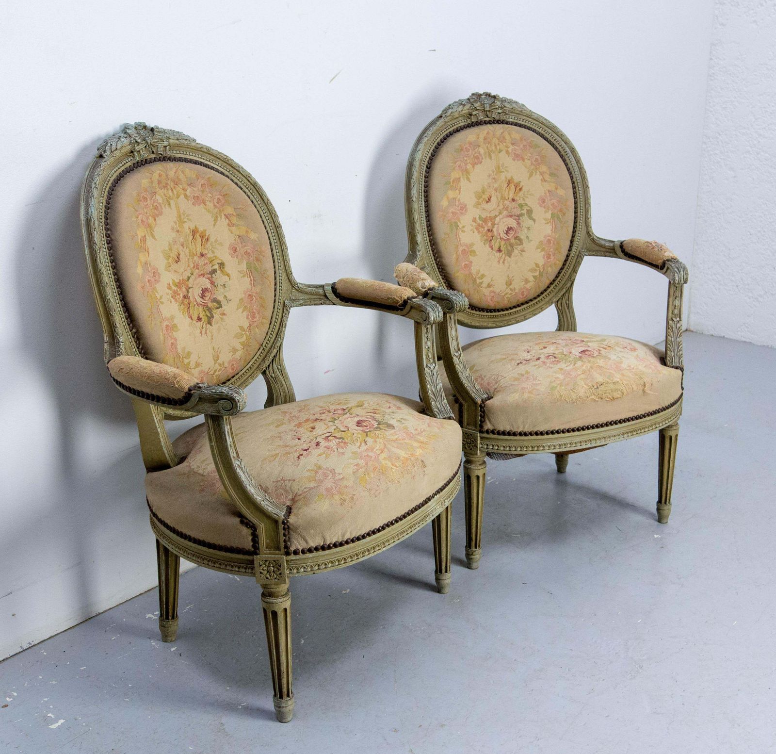 Pair Of French Patinated Open Armchairs Louis XVI Medallion Fauteuils Circa 1900 photo for sale
