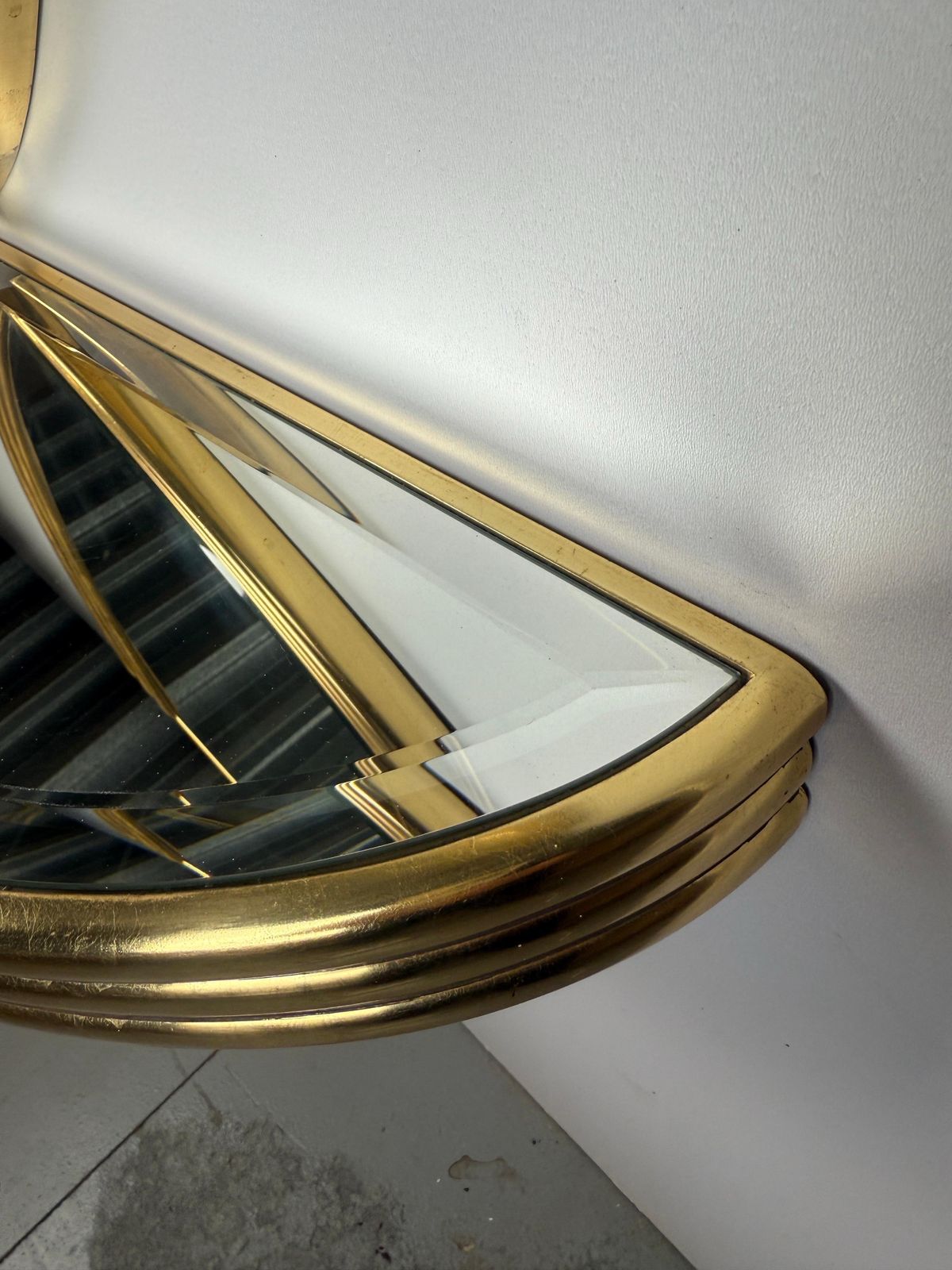 photo furniture Art Deco Triangle Golden Wall Mirror With Console 1970 Belgium  Set