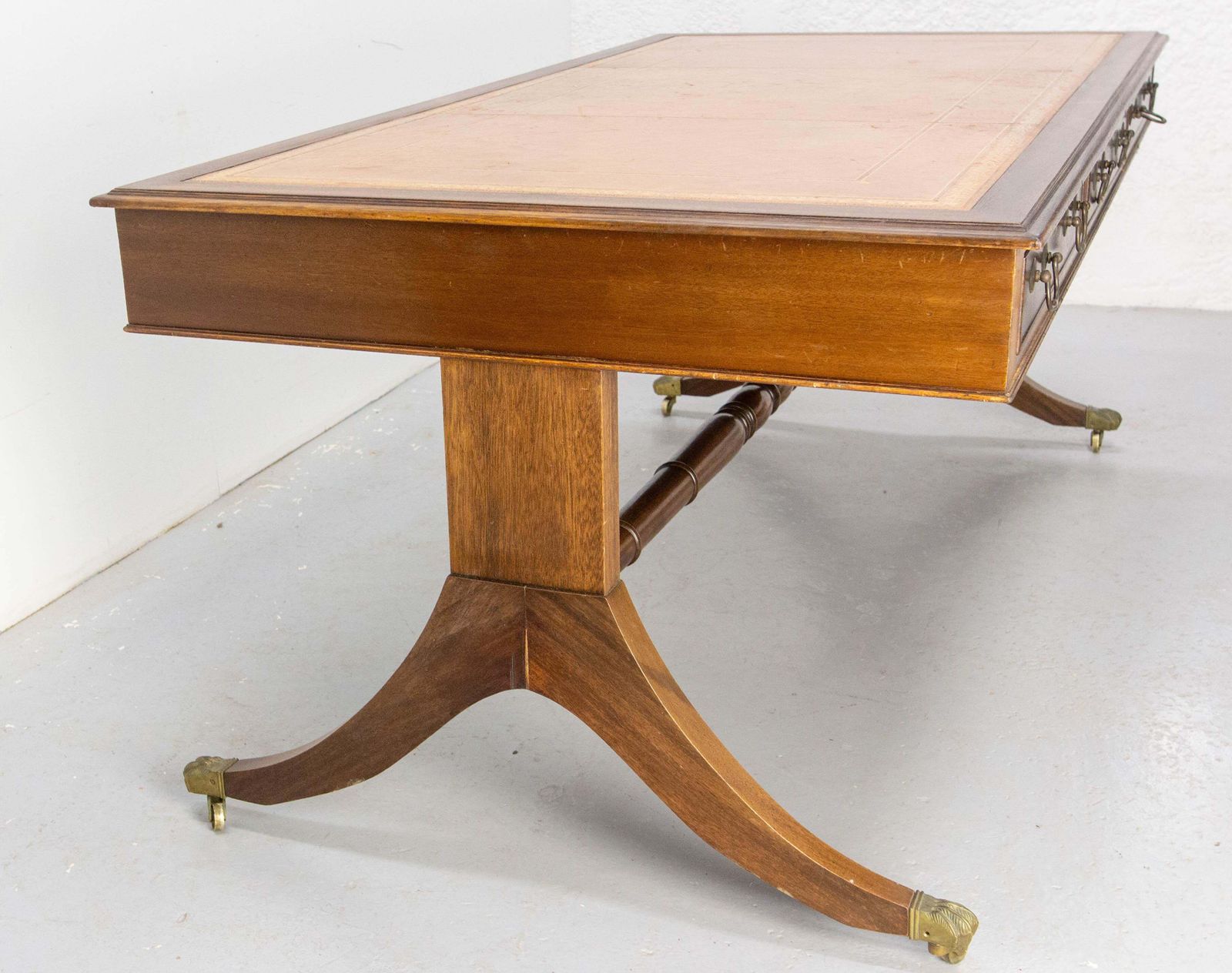 English Patinated Large Desk, Double Side, Wood, Leather & Iron Circa 1900 photo for sale