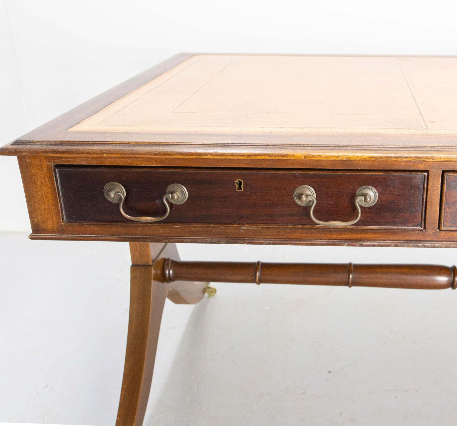 Furniture English Patinated Large Desk, Double Side, Wood, Leather & Iron Circa 1900 photo