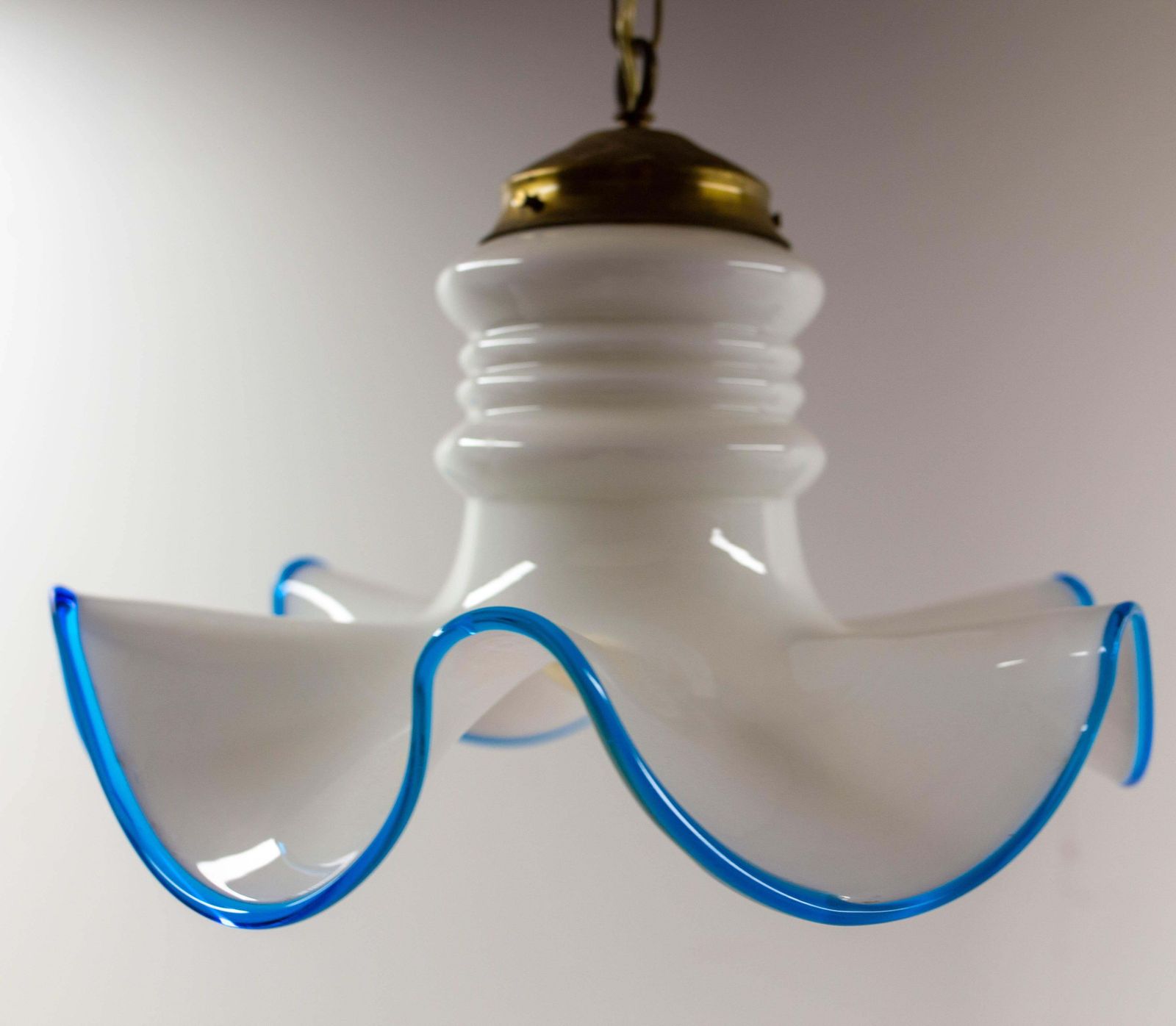 French Vintage White Opaline Blue Glass And Brass Ceiling Light, Circa 1960 photo Lighting